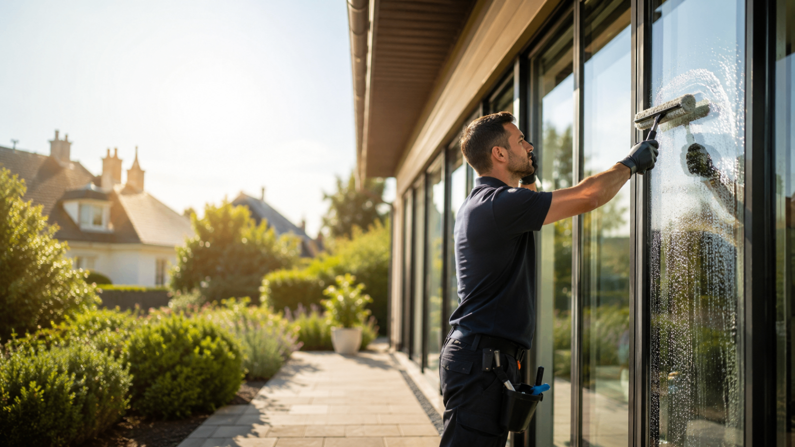 Nettoyage de vitres sur une maison contemporaine
