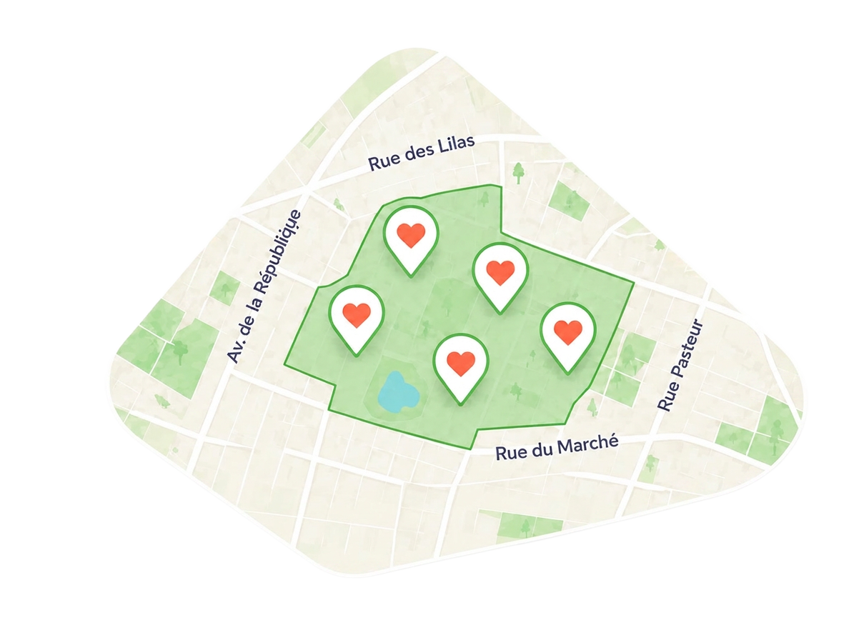 Carte du quartier avec les pros recommandés